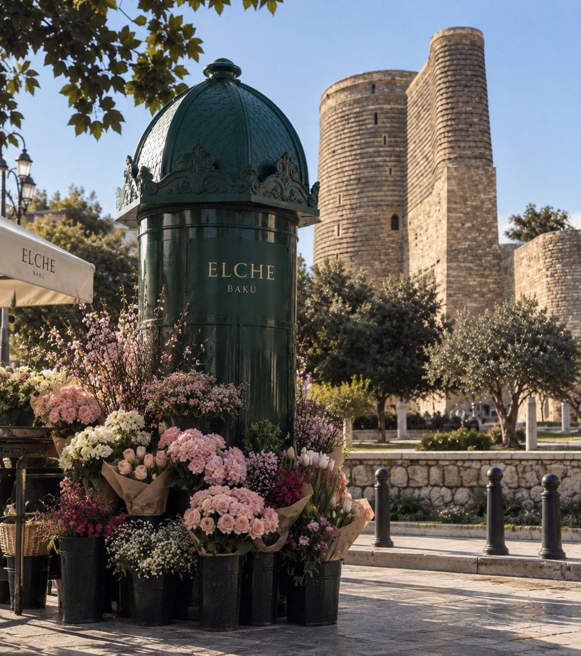 ELCHE Bakı — Qız Qalası yanında çiçəkli köşk